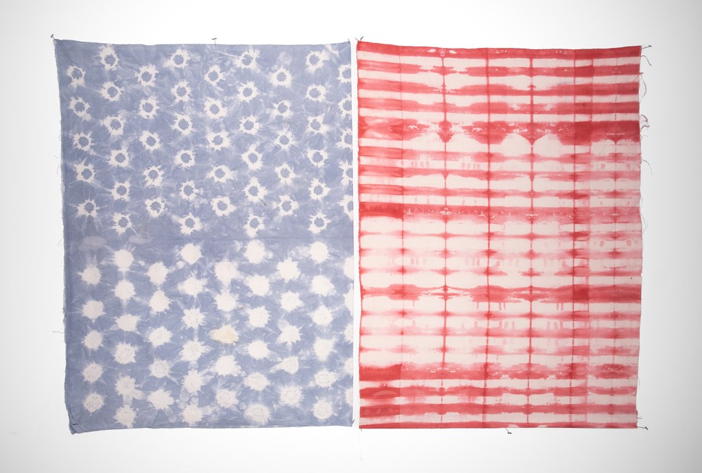 Dye Studies (diptych): blue and red hand-dyed textile panels with repeating patterns.